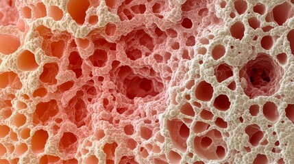 Close-up of porous sponge texture with intricate network of bubbles and voids.