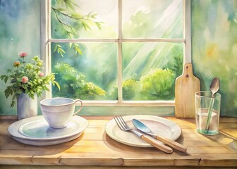 This delightful watercolor still life showcases a fork, plate, spoon, and cutting board, making it an ideal addition to culinary-themed home decor.