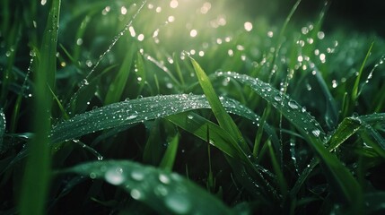 sunlight illuminating morning dew on vibrant green grass, symbolizing the freshness and tranquility of a natural spring day