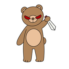 A cartoon bear is holding a sword and has red eyes