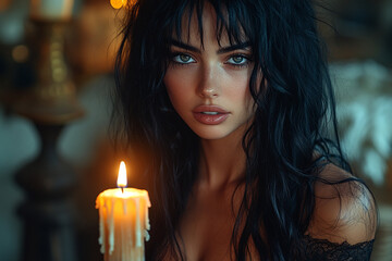 A fateful brunette and a burning candle.