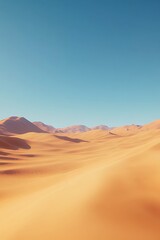 A panoramic view of the desert, with vast dunes rolling into the distance. The sky is clear and the desert heat radiates from the golden sand, creating a powerful sense of scale.