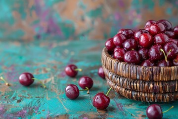 Close up of a small woven basket spilling fresh cherries on rustic wooden surface