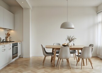 Modern interior of white kitchen with living room.
