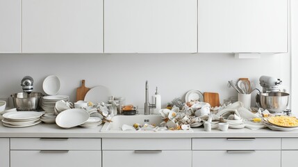 Messy kitchen with dirty dishes piled up in the sink and on the counter modern kitchen with white facades in the scandinavian style