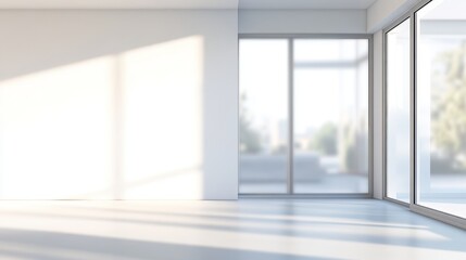Fototapeta premium Empty room with white walls and large window blurred view banner design