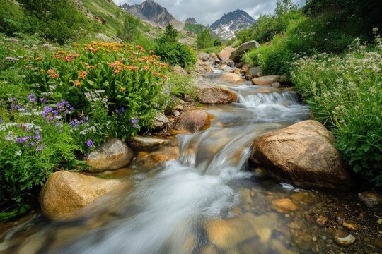 A crystal-clear mountain stream flowing over smooth rocks, surrounded by lush greenery and wildflowers. - Powered by Adobe