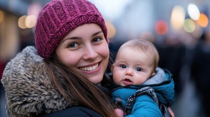 Obraz premium Happy smiling mother with baby girl in carrier walking through city