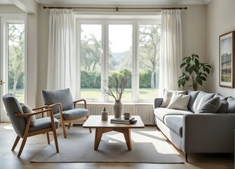 Fototapeta premium Cozy modern living room interior with soft comfortable couch, warm plaid on trendy armchair, coffee tables. Stylish furniture in apartment Scandinavian interior design. Real estate, renovation 