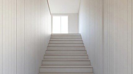 Fototapeta premium Empty white wooden staircase leading to loft in hallway with blank walls in contemporary home