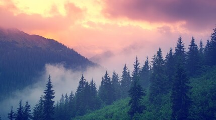 Misty foggy mountain landscape with fir forest amazing sunset sky and copyspace in vintage retro hipster style
