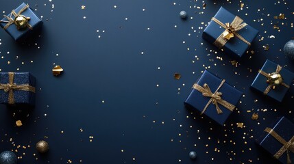 Chic blue and gold Christmas gift boxes with sparkling confetti scattered on a navy blue background, adorned with abstract shapes.