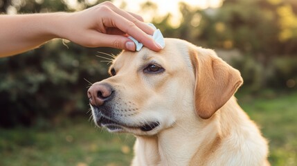 Owners hand checking and than cleaning her healthy dogs ear pet care background