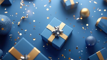 Christmas gift boxes in blue and gold, surrounded by shimmering confetti and geometric abstract shapes on a sleek blue backdrop.