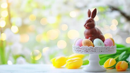 Easter chocolate bunny and colorful eggs on a cake stand with spring tulips. Spring holiday concept, Happy Easter