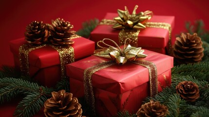 Christmas gifts surrounded by pine branches and pine cones on a rich red background, creating a festive, warm holiday scene.