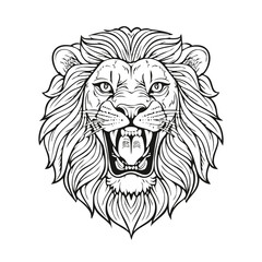 Lion Head Roar Black Line Art, White Background