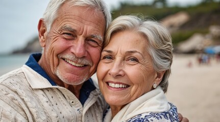 Senior couple on the beach hugging smiling. Romantic caucasian white elders wife husband enjoy retirement life outdoor