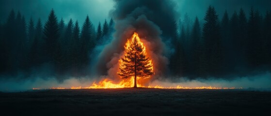 A burning tree silhouetted against a fiery sky, illustrating the destructive impact of wildfires on nature and the environment.