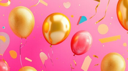 Fototapeta premium Gold balloons floating against a vibrant pink background, surrounded by playful abstract shapes, perfect for a stylish celebration party decoration.