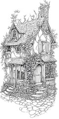 Fototapeta premium A charming cottage nestled in lush greenery, with a stone pathway leading up to the front door.