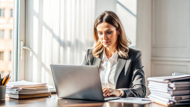 Serious Thinking and confusing professional lawyer  sitting at modern office and  working from home. Business, computer and focused female lawyer in modern office preparing for a case, stacks of files
