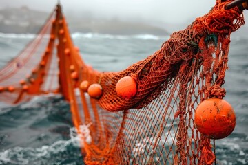 Close up of fishing nets with bright orange floats on a boat amidst the sea waves