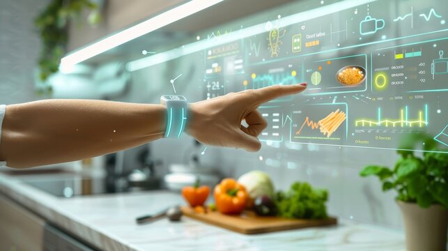 Health Tech Innovation Futuristic Bracelet Reveals Interactive 3D Nutritional Data in Modern Kitchen Setting