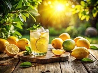 Fototapeta premium Refreshing Lemonade in Sunlit Garden with Fresh Lemons and Sparkling Ice for Summer Vibes