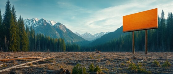 A billboard set against a backdrop of a clear-cut area, encouraging viewers to consider conservation efforts and the importance of protecting nature.