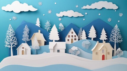 Papercut winter village with delicate houses, snow, and trees, combined with bold abstract shapes for a modern holiday scene.