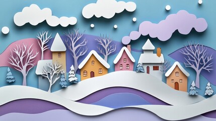 Naklejka premium Papercut-style winter village with snow-covered houses and trees, accented by modern abstract shapes for a whimsical winter design.