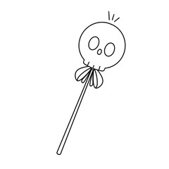 A black and white drawing of a skull with a stick