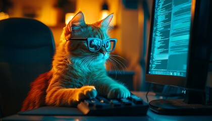 Hacker cat humorously depicted as engaging in cyber scams from a dim room.