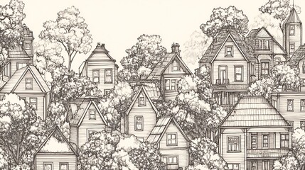 Obraz premium A Detailed Ink Drawing of Houses in a Lush Forest