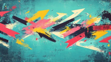 Vivid abstract arrows and colorful strokes scattered across a distressed teal background, creating a modern grunge effect.