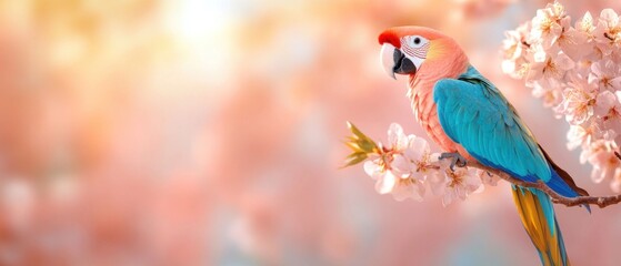 Fototapeta premium A parrot perches on a branch against a backdrop of a beautiful forest. 