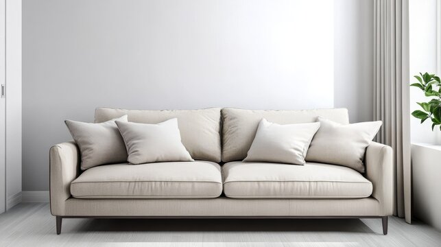 Comfortable sofa with pillows in modern living room interior space for text