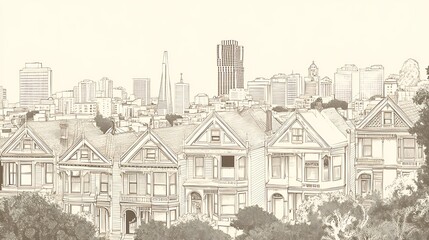 San Francisco Skyline Sketch with Victorian Homes