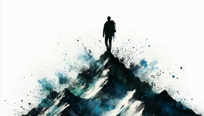 Fototapeta premium A lone climber stands atop a mountain peak, depicted in watercolor splashes, symbolizing achievement and adventure