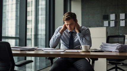A young, successful professional in a lavish office reclines in his revolving chair, appearing tired and stressed. His expression reveals deep frustration as he mentally battles a storm of unresolved 
