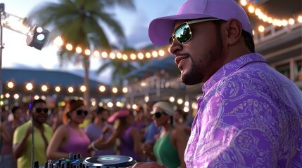 Obraz premium DJ Mixing Music at Outdoor Party with Festive Lights