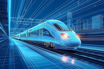 Naklejka premium A sleek, modern high-speed train speeds through a futuristic cityscape, leaving a trail of blue lines in its wake.