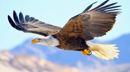 Obraz premium Close-up of a majestic bald eagle in flight, its wings fully extended against a clear sky and distant mountains, symbolizing freedom and power.