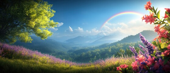 Naklejka premium Rainbow arching over a field of flower field.