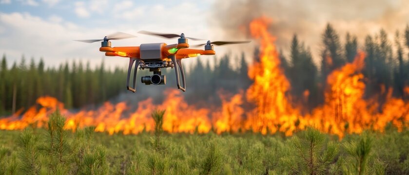 Wildfire detection technology in action, with sensors and drones monitoring forests for early signs of fire.