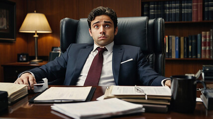 A young, successful professional in a lavish office reclines in his revolving chair, appearing tired and stressed. His expression reveals deep frustration as he mentally battles a storm of unresolved 