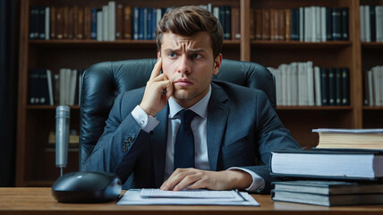A young, successful professional in a lavish office reclines in his revolving chair, appearing tired and stressed. His expression reveals deep frustration as he mentally battles a storm of unresolved 