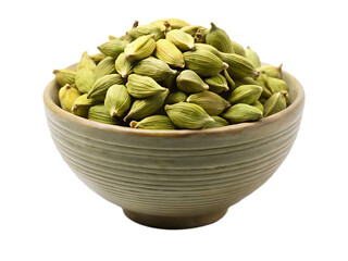 Cardamom in a glass bowl on transparent background, Bowl of green cardamom pods, white ceramic bowl, close-up, detailed texture, white background, high contrast