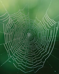 Close up of spiderweb on green backdrop